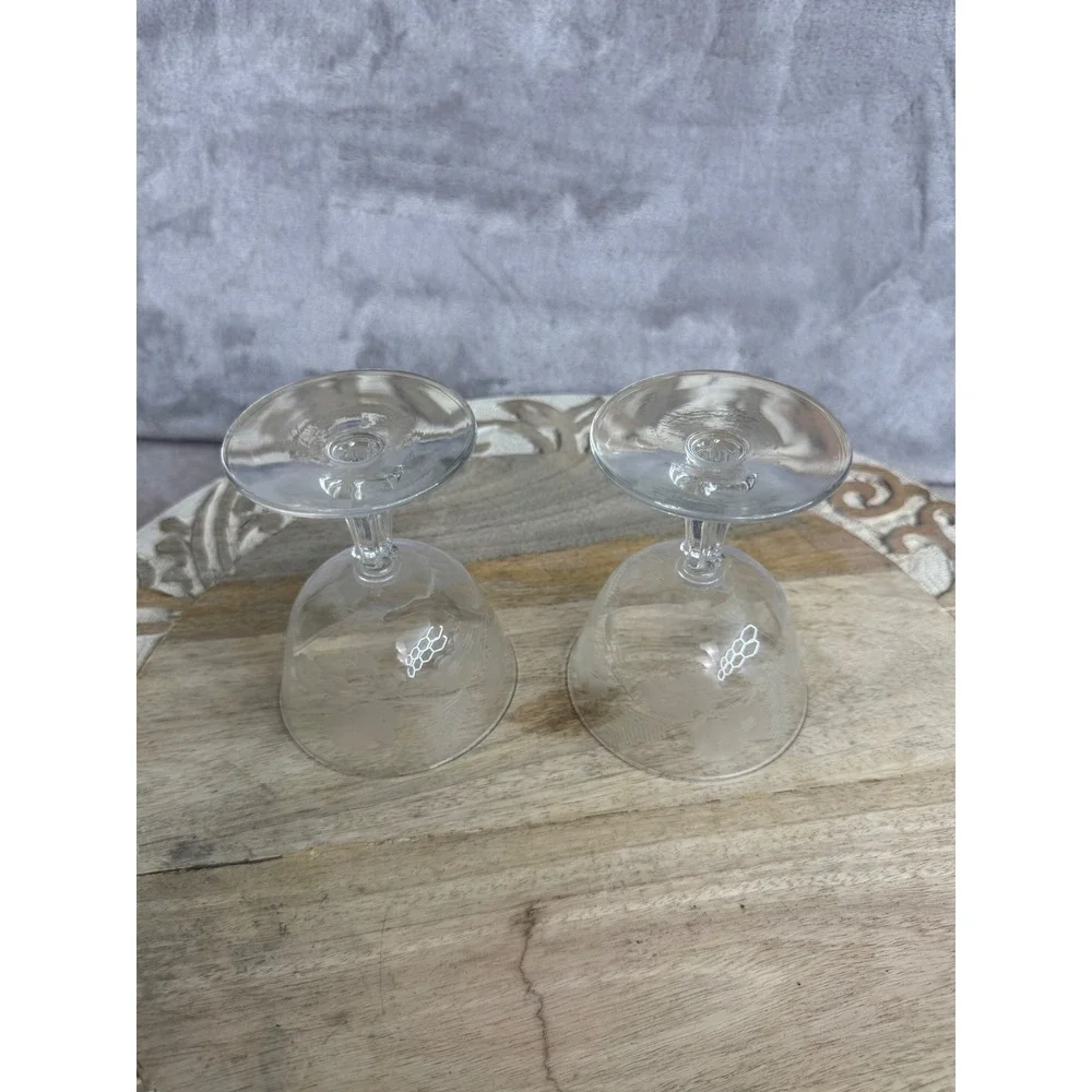 Vintage Etched Floral‎ Crystal Cordial Aperitif Glasses Set of 2 Clear Stemware